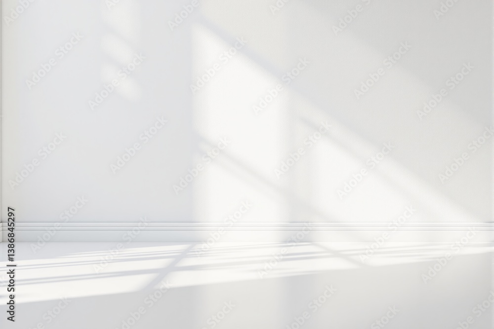 Poster bright empty room with soft natural light casting geometric window shadows on white wall and floor, 