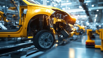 Fototapeta premium Production line of yellow vehicles. Structural details are highlighted