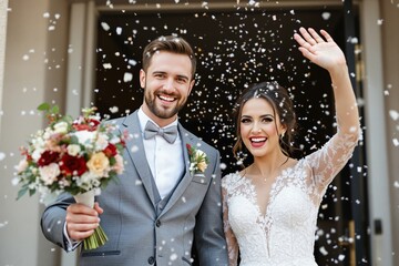 Happy bride and groom in wedding attire smiling with falling confetti, creative photography style, outdoors at a church entrance background, concept of celebration. Ai generative