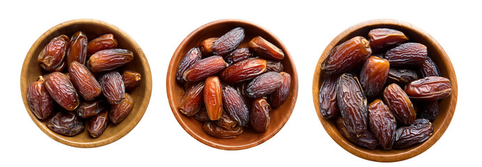 Obraz premium Delicious dates in wooden bowls, perfect for healthy snacks and sweet desserts.