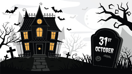 halloween background with haunted house | Spooky Halloween Night Vector Illustration – Haunted House, Castle, Moon and Bats Silhouette Art