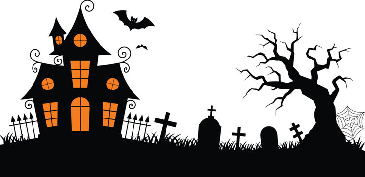 halloween background with haunted house | Spooky Halloween Night Vector Illustration &ndash; Haunted House, Castle, Moon and Bats Silhouette Art
