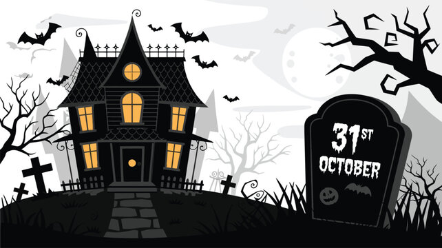 halloween background with haunted house | Spooky Halloween Night Vector Illustration &ndash; Haunted House, Castle, Moon and Bats Silhouette Art
