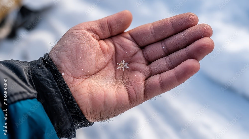 Poster A delicate snowflake rests in a person's hand, its intricate design illuminated by soft winter light, showcasing the beauty and fragility of winter