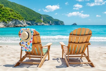 Wooden chairs on sandy beach with colorful towel and hat, tropical turquoise ocean, blue sky and green cliff background, concept of summer vacation. Ai generative