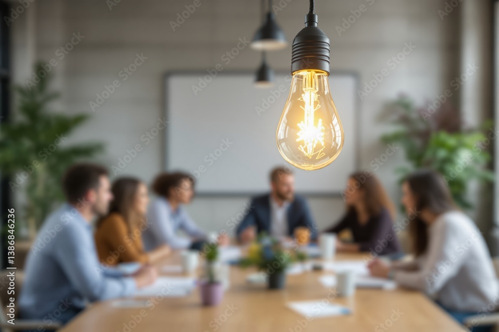 Poster illuminated lightbulb in focus with blurred business team brainstorming in office background, symbol