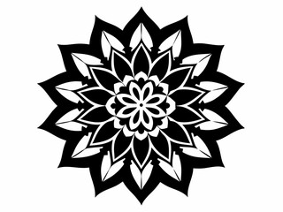 A symmetrical black and white mandala-style floral design 
