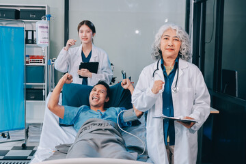 Fototapeta premium Nurse giving assistance to senior patient with disease in bed. Medical assistant and doctor doing healthcare checkup for pensioner with oxygen tube and IV drip bag in hospital ward.