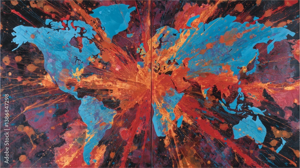 Poster An abstract representation of a world map filled with vibrant colors on a dark background. Swirling hues of red, blue, and yellow create a dynamic image of geography