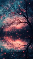 A Beautiful Night Landscape Showing Reflections and Glowing Lights in Nature