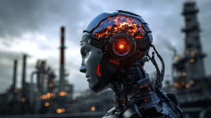 Robotic figure with glowing brain over industrial refinery backdrop