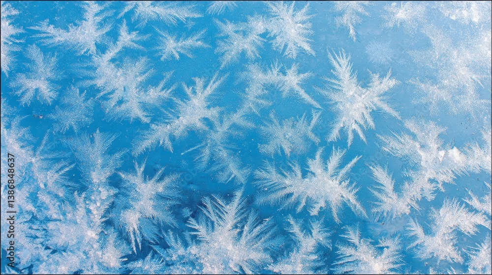 Poster frost forms delicate and intricate patterns on the window, enhanced by soft blue light, showcasing t