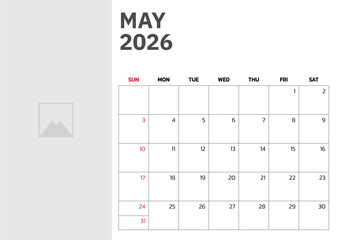 May 2026 Calendar. Week start on Sunday. Desk calendar 2026 design, simple and clean design, Wall calendar for print, digital calendar, Corporate design planner template vector.