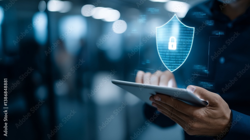 Poster A user interacts with a digital tablet displaying a glowing shield icon while binary code and padlock symbols surround the screen, highlighting cybersecurity measures