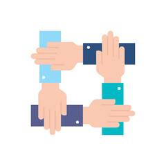 Flat Vector Illustration of Four Hands Joined Together in a Square to Represent Teamwork, Unity, and Collaborative Partnership in Business