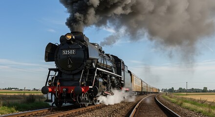 Naklejka premium Steam Train Majesty: Rustic Landscape, Powerful Journey AI Generated