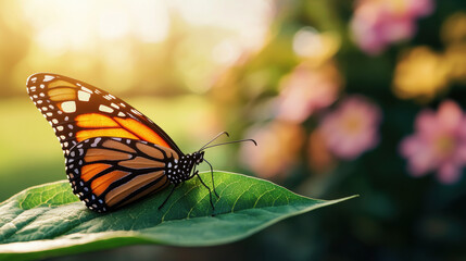 Fototapeta premium butterfly with vibrant orange black wings rests on fresh green leaf, illuminated by warm sunlight, with blurred flowers in background