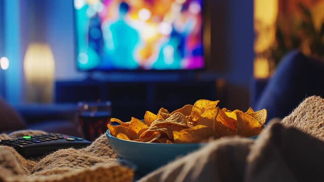 Evening at home with nachos, tv, remote, blanket, and a drink, providing relaxation vibes.