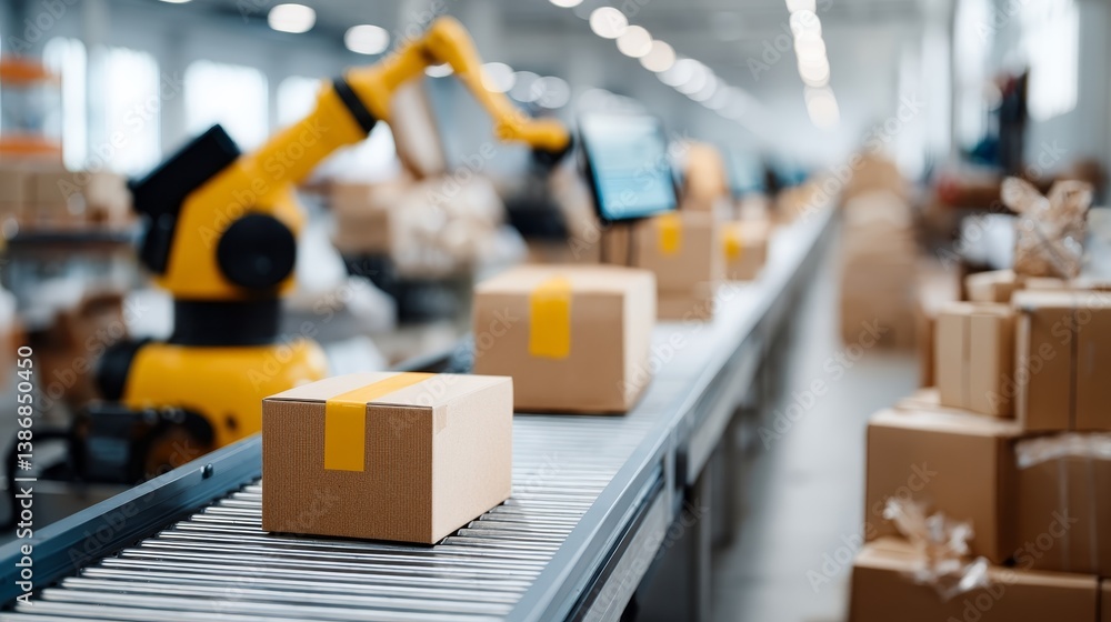 Poster a robotic arm sorts packages on a conveyor belt in a high-tech warehouse, featuring stacked boxes an