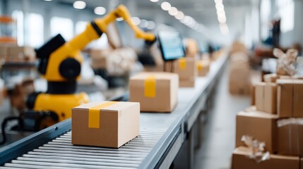 A robotic arm sorts packages on a conveyor belt in a high-tech warehouse, featuring stacked boxes and digital screens, exemplifying efficiency in logistics