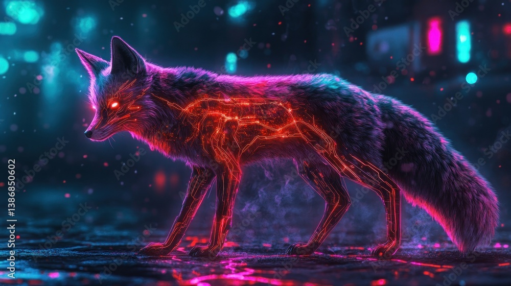Poster a cyberpunk-style fox with glowing technological veins running through its body background wallpaper