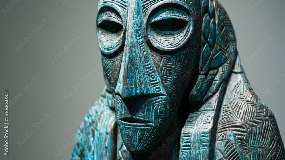 Poster carved wooden statue with a serene expression and intricate patterns.