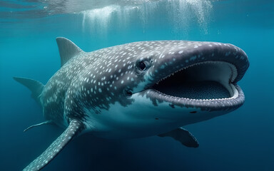 A whale shark opens its mouth and is about to eat plankton.
