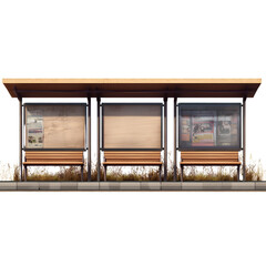  Three views of a bus stop with a wooden bench, a billboard, and a roof, isolated on a transparent background 