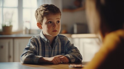 A thoughtful conversation between a young boy and an adult indoors