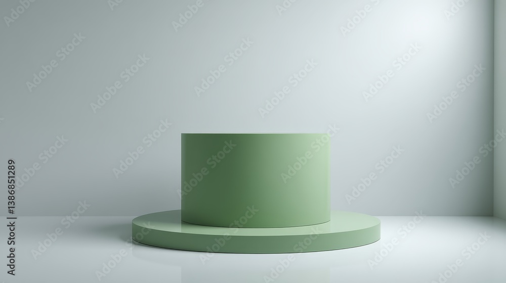 Poster a matte green cylindrical podium sits on a reflective floor, lit by soft lights, with a neutral beig