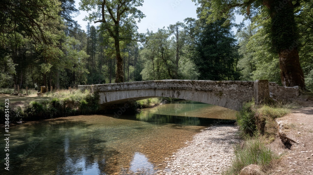 Poster a weathered stone bridge spans a calm stream, nestled in a vibrant green forest where sunlight filte