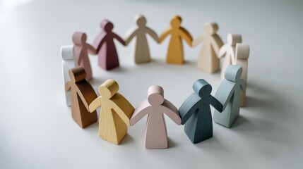 A group of wooden figurines in various colors holds hands, creating a circle that represents unity and diversity on a smooth white background