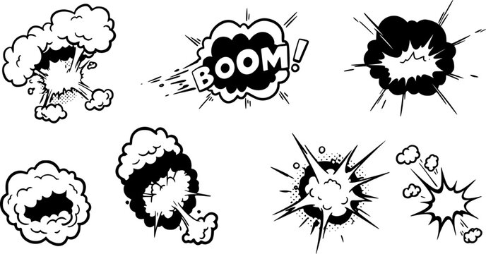 Doodle explosion effect. Comic impact and speed line energy blast and power pop game asset, manga fire smoke and crash pop action. Vector hand drawn bang and boom graphic set