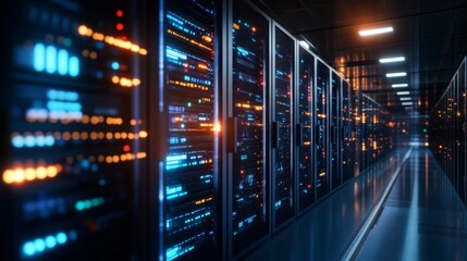 Server room Lit row of cabinets with blinkenlights, creating perspective in a dark space
