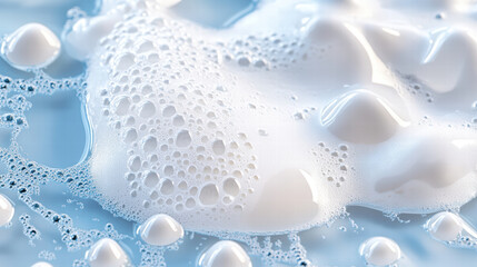 close up view of bubbles and foam on blue surface, creating refreshing and clean appearance. image captures essence of freshness and purity, evoking sense of cleanliness and tranquility