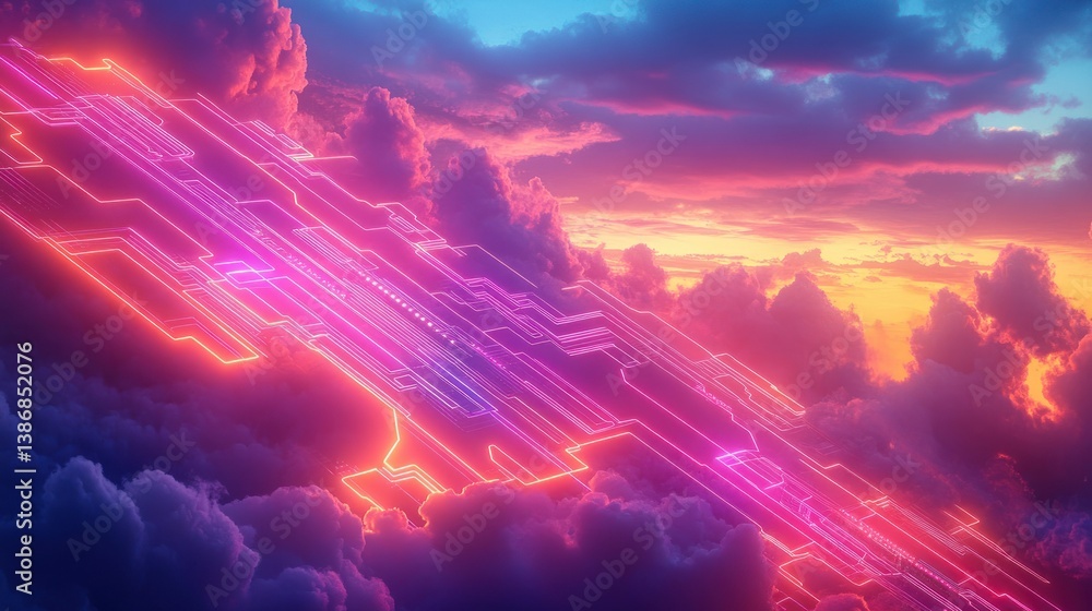 Poster a clear sky filled with clouds filled with neon circuit lines, transitioning seamlessly background w
