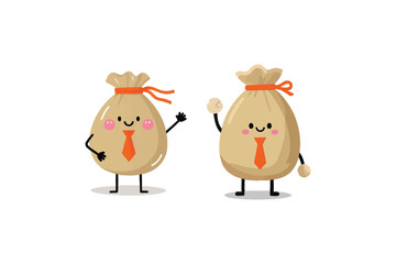 Fototapeta premium Two Cute Money Bag Characters with Ties, Waving and Smiling, Isolated on White Background, Perfect for Finance or Business Illustrations.