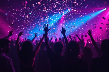 People dancing with raised hands in a colorful club scene, creative style, with confetti and neon lighting on a festive background. Concept of celebration. Ai generative