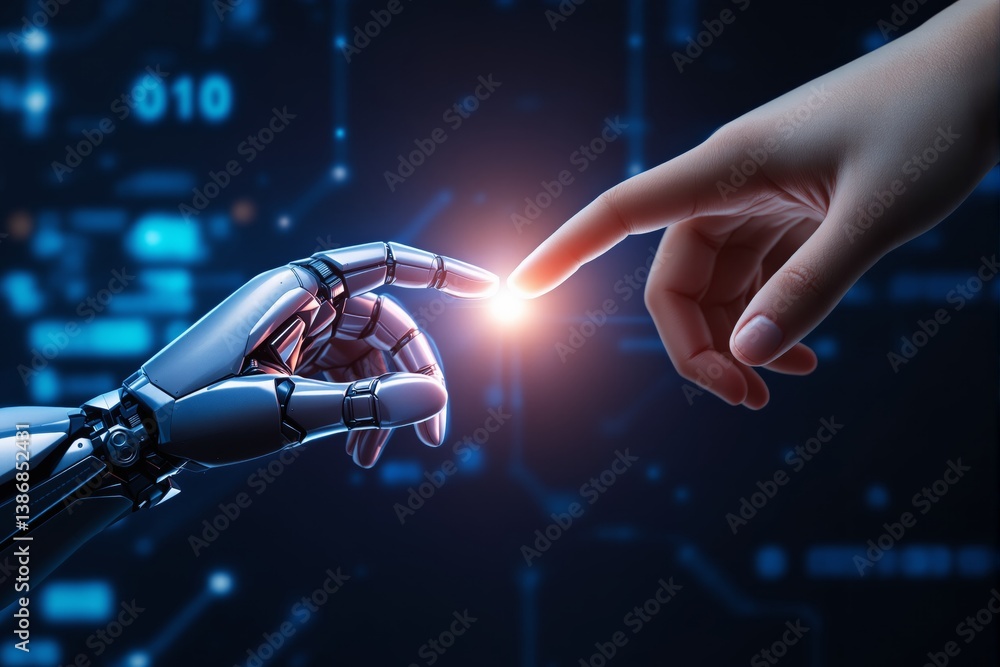 Poster human and robotic hands reaching out to each other with glowing connection light, futuristic digital