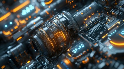 Close-up of a high-tech cybernetic core, with intricate metal components and glowing energy currents. background wallpaper AI generated image