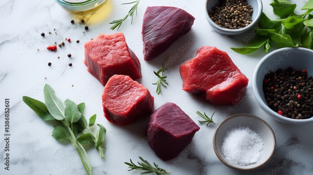 Aufkleber fresh beef steaks are artfully displayed on a marble table, surrounded by fragrant herbs and diverse