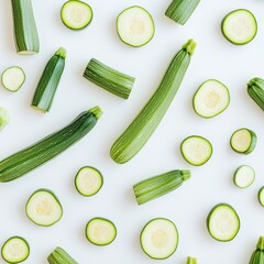 Fresh zucchini assortment on a clean background, culinary flat lay