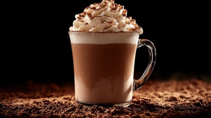A cup of hot chocolate topped with whipped cream and cocoa powder. Featuring warmth and indulgence