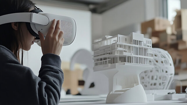 A person using a VR headset for architectural design visualization, design studio setting with headset displaying 3D building models, High-tech style