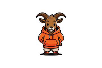 Fototapeta premium Charming Cartoon Goat Character in Orange Hoodie, Standing Confidently, Isolated on White Background, Ideal for Children's Book Illustration or Brand Mascot.