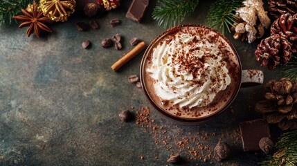 A cup of hot chocolate topped with whipped cream and cocoa powder. Featuring warmth and indulgence
