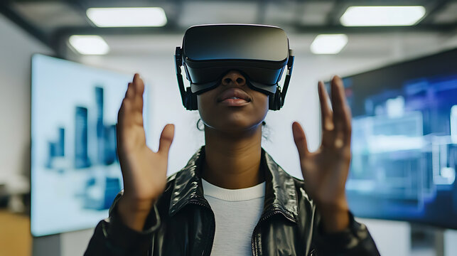 A person using a VR headset for immersive training simulations, training room with VR system displaying real-time simulation data and instructions, High-tech style