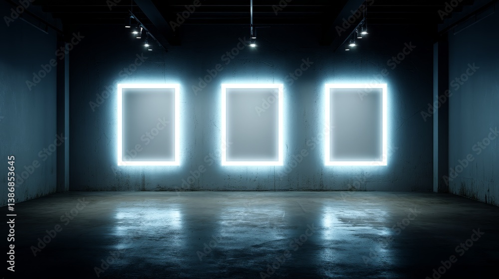 Poster three white frames are placed on a concrete wall, softly illuminated by neon lighting, creating a co