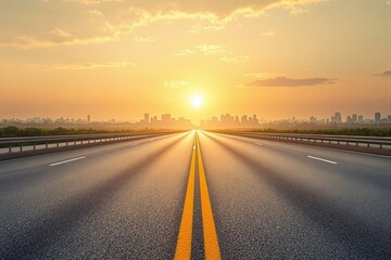 Long empty road leading to city skyline at sunrise, creative style, glowing sky background, concept of journey, freedom, opportunity. Ai generative