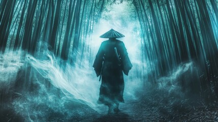 Obraz premium Mystic samurai walking through bamboo forest with ethereal mist at dusk